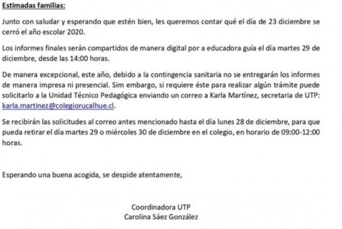 Información importante sobre el informe final de educación parvularia.