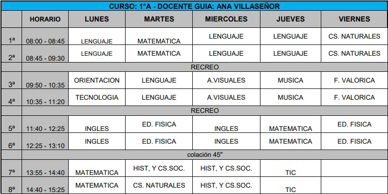 Horarios de Clases Año 2024